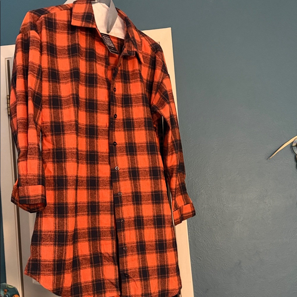 Orange and Black Plaid Button-Up Shirt Dress